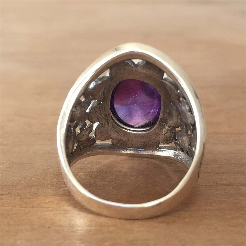 Vintage Hand Carved Flower Purple Amethyst Silver Ring