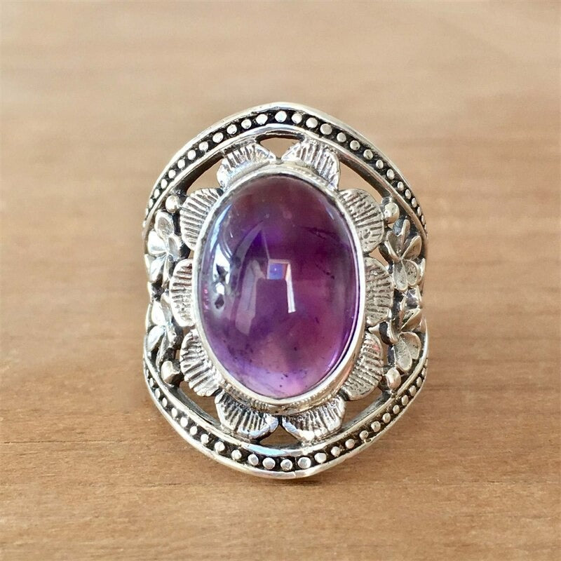 Vintage Hand Carved Flower Purple Amethyst Silver Ring