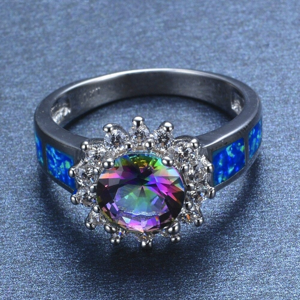 Blue Fire Opal & Round Mystical Topaz Ring