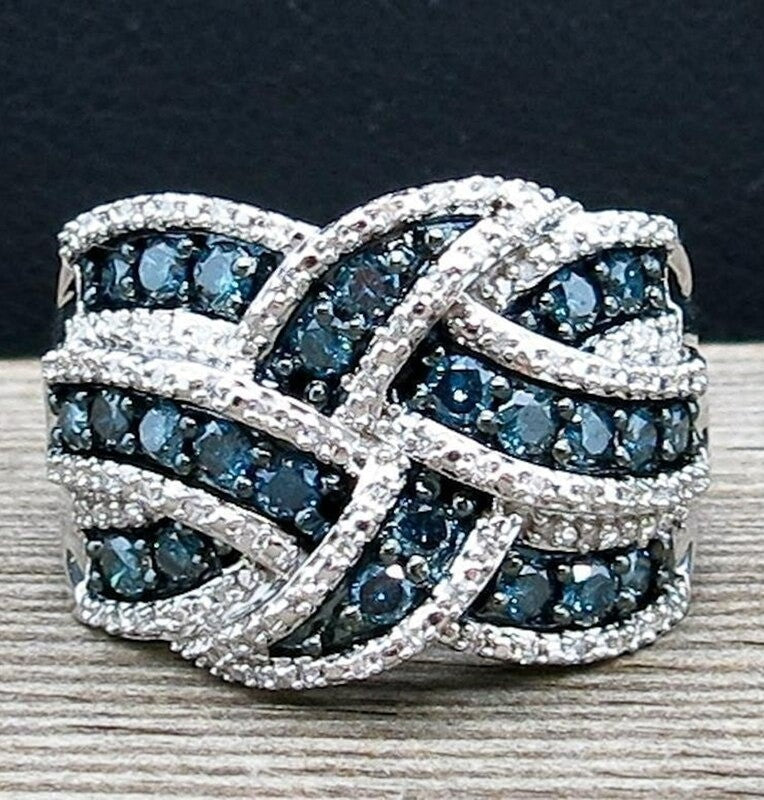 2.5Ct Electroplate Blue Sapphire Braided Wide Band Silver Ring