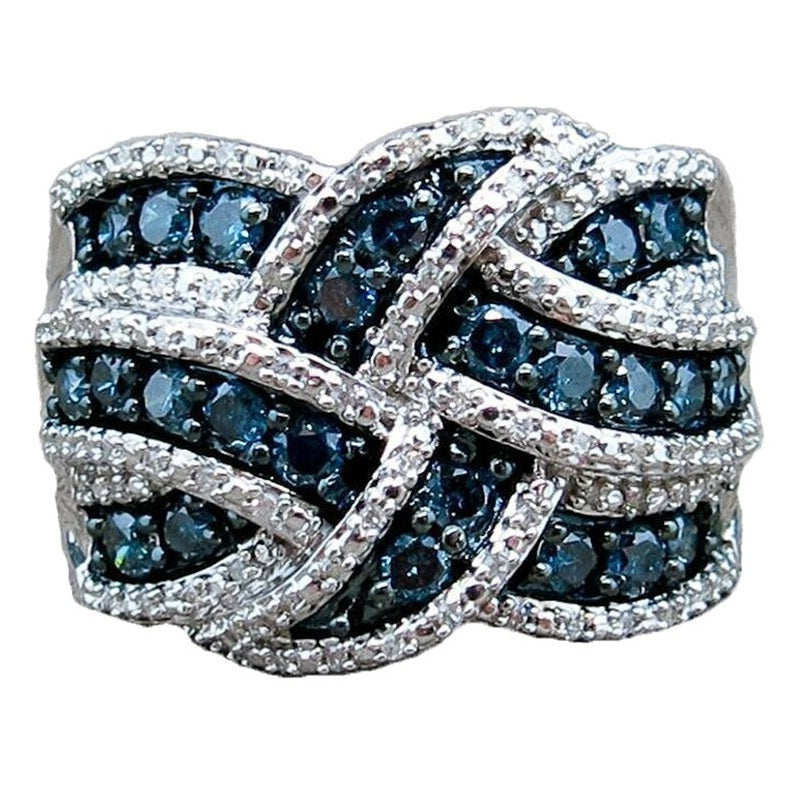 2.5Ct Electroplate Blue Sapphire Braided Wide Band Silver Ring