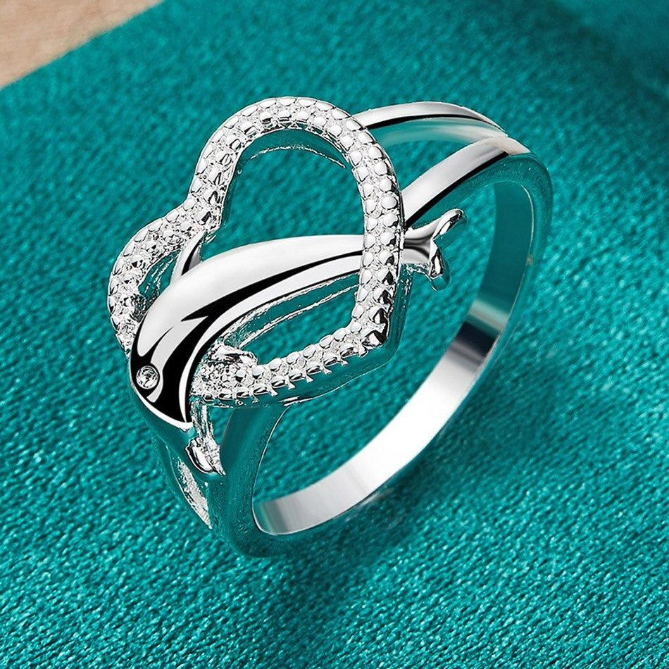 925 Sterling Silver Cute Dolphin Hollow Heart Ring