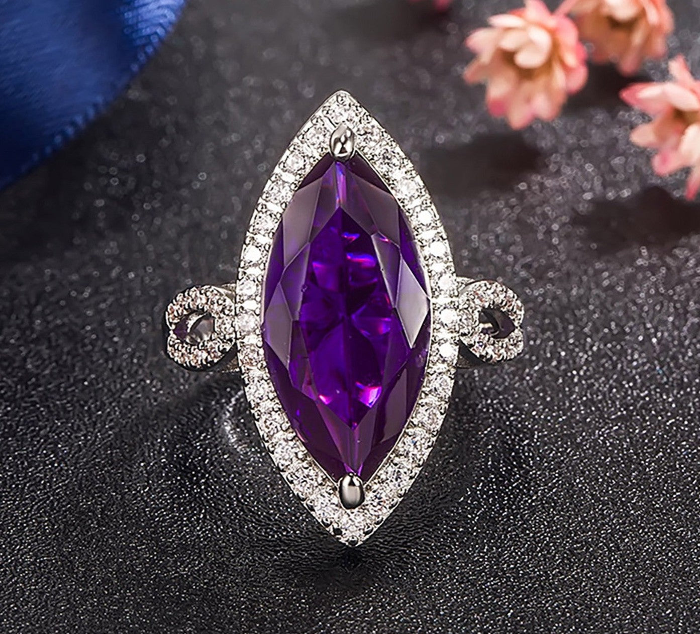 Big Baroque Micro-set Purple Marquise Silver Ring