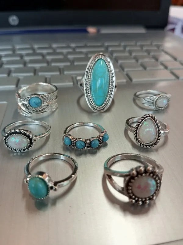 8pcs Vintage Blue Turquoise Antique Silver Ring Set