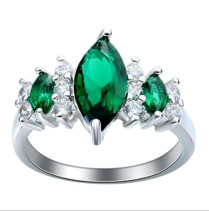 925 Sterling Silver 3-Stone Marquise Emerald Green Ring