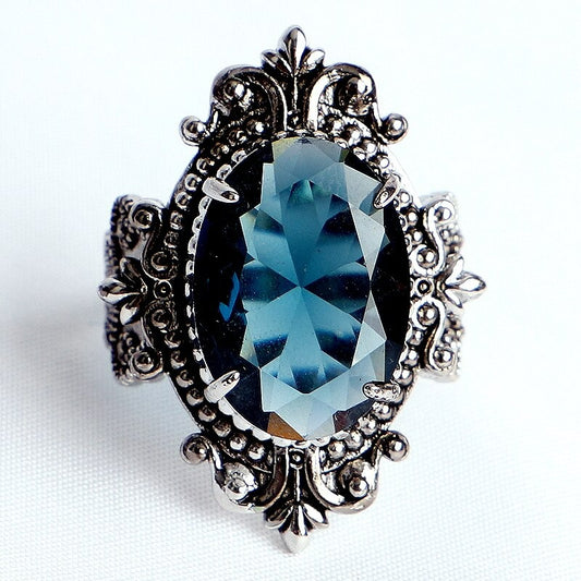 Vintage Blue Oval Egg Shaped Topaz Antique Silver Ring