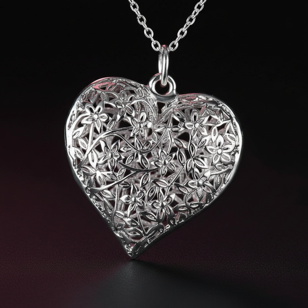 3.5cm Hollow Sterling Silver Floral Hollow Heart Pendant Necklace & Chain