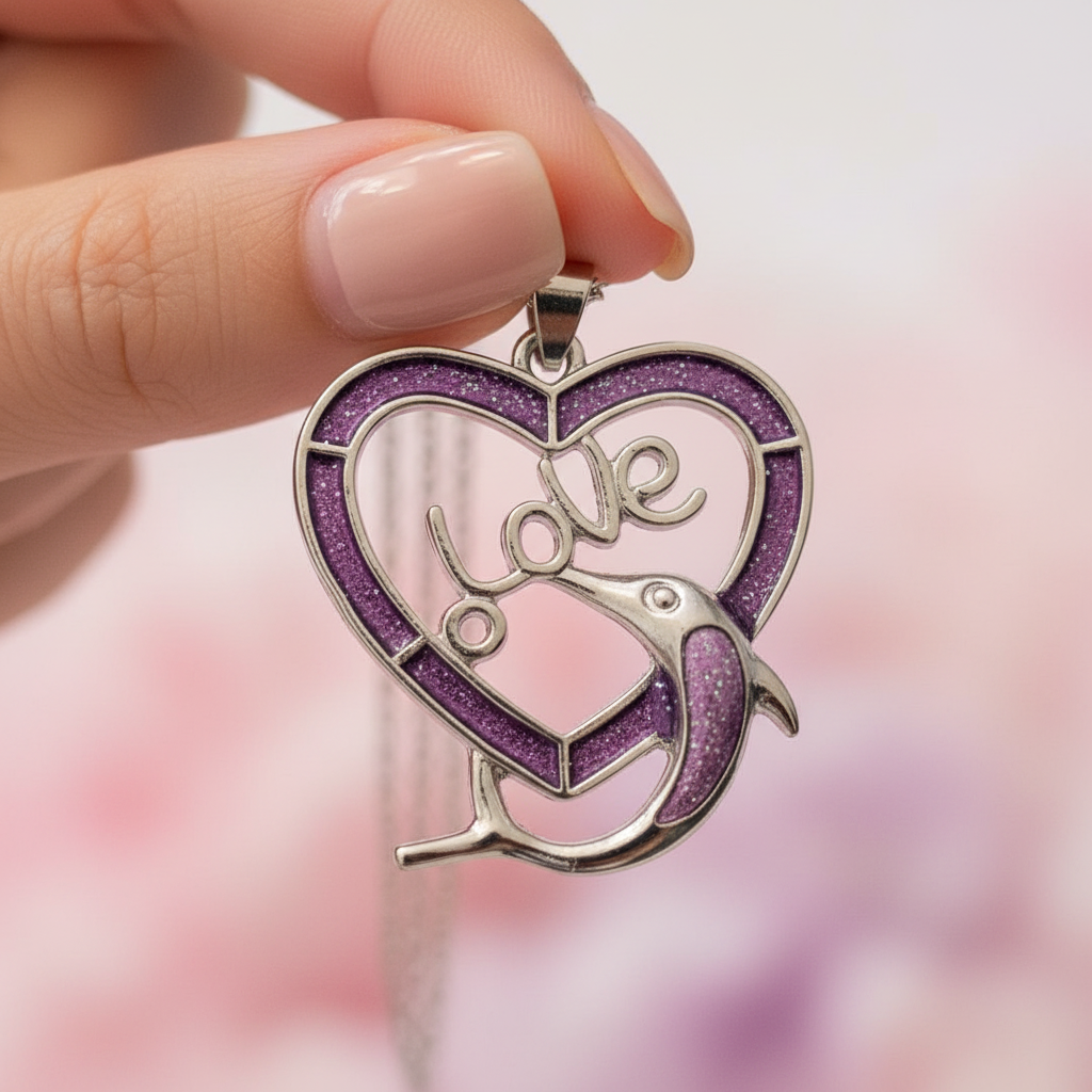 Love Dolphin Heart Pendant Purple Opal Necklace