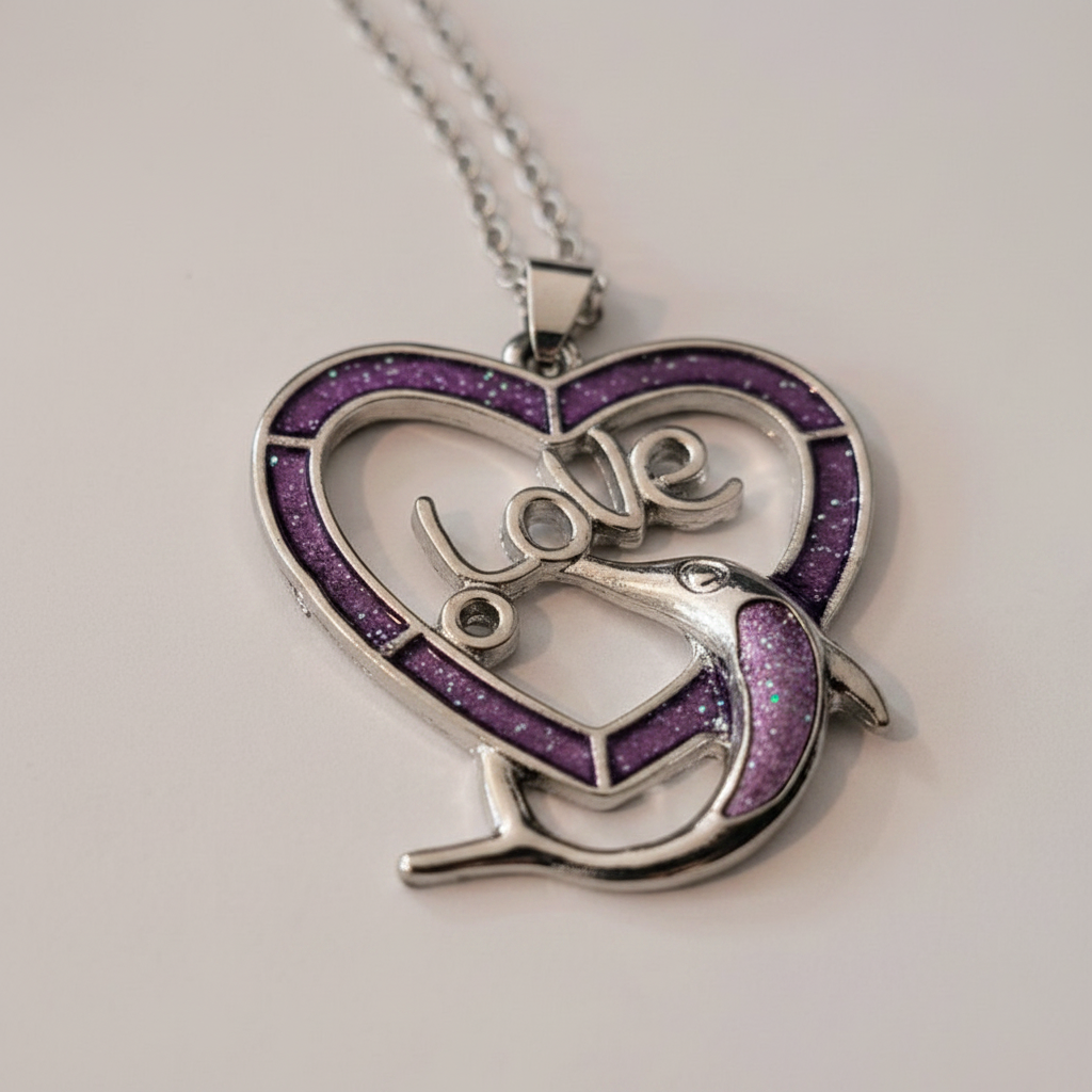 Love Dolphin Heart Pendant Purple Opal Necklace
