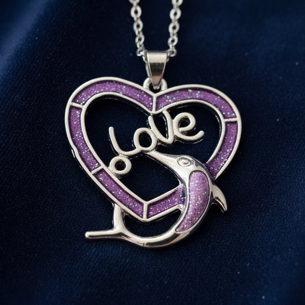Love Dolphin Heart Pendant Purple Opal Necklace