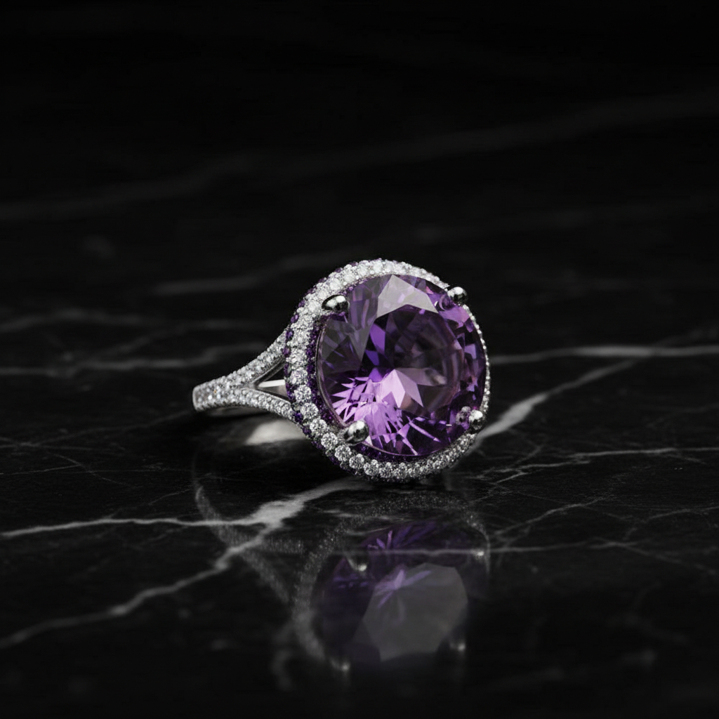 12mm Round Cut Purple Amethyst & CZ Crystal Silver Ring