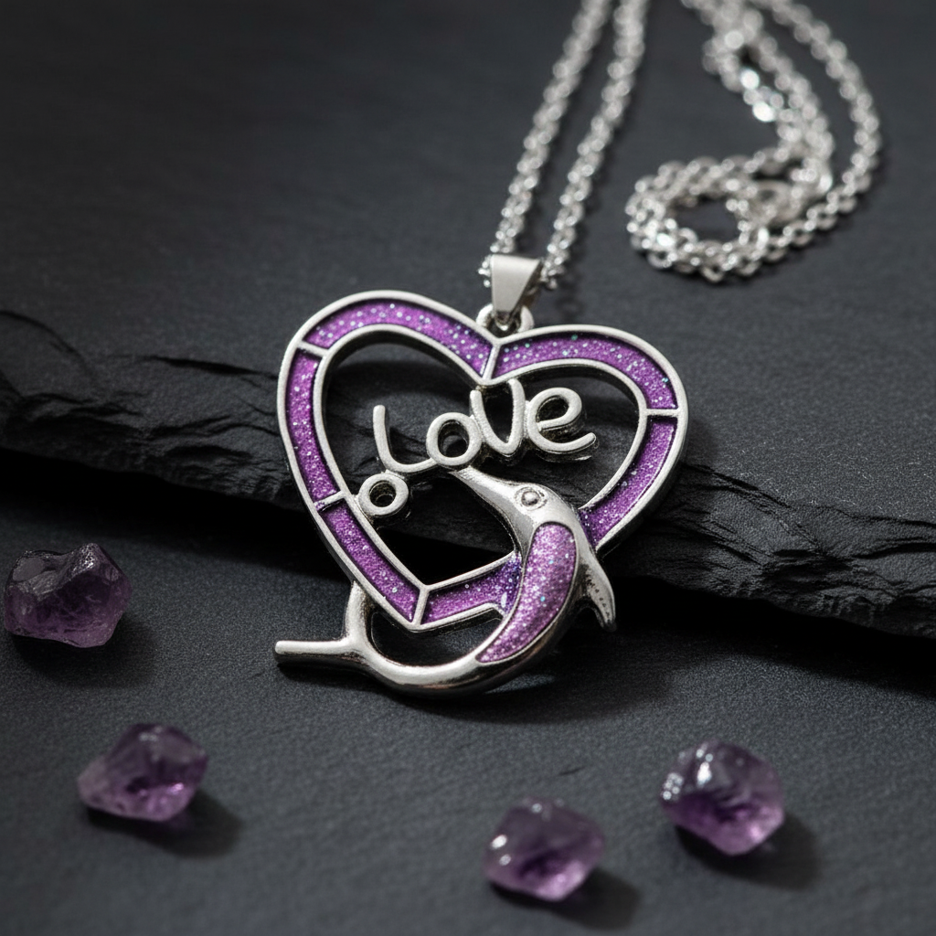 Love Dolphin Heart Pendant Purple Opal Necklace