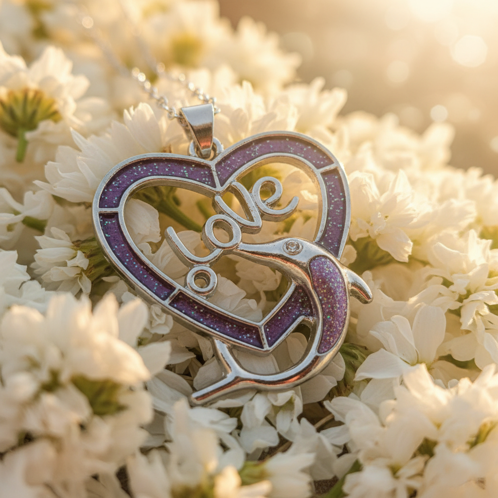 Love Dolphin Heart Pendant Purple Opal Necklace