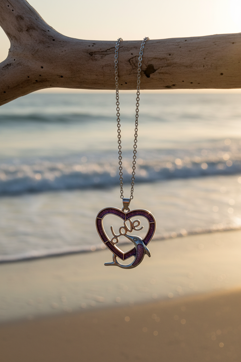 Love Dolphin Heart Pendant Purple Opal Necklace