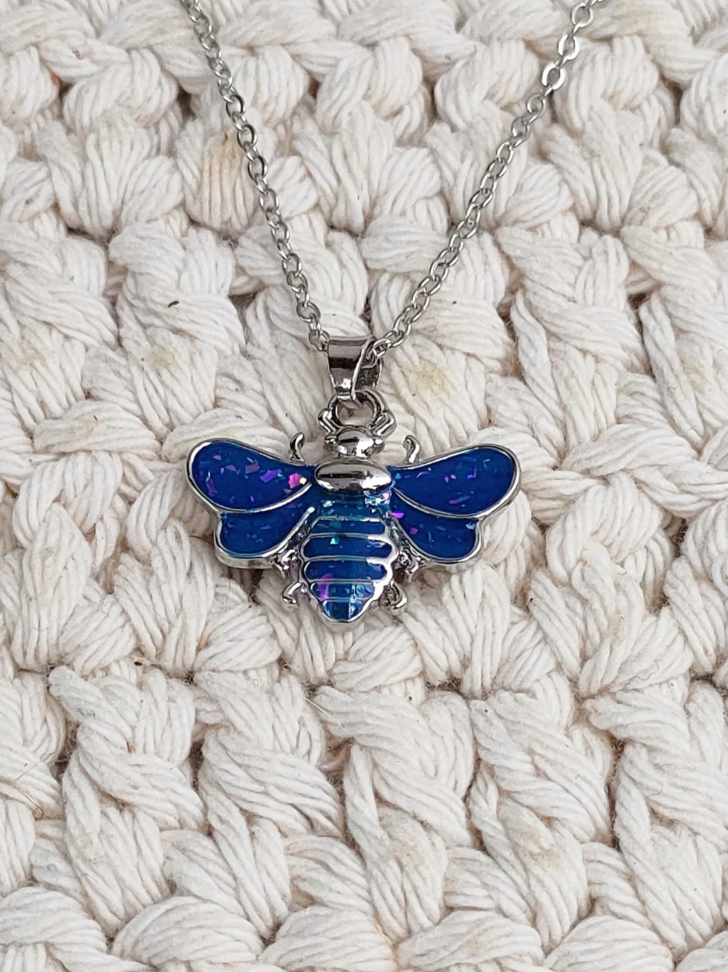 Blue Opal Bee Insect Silver Boho Necklace