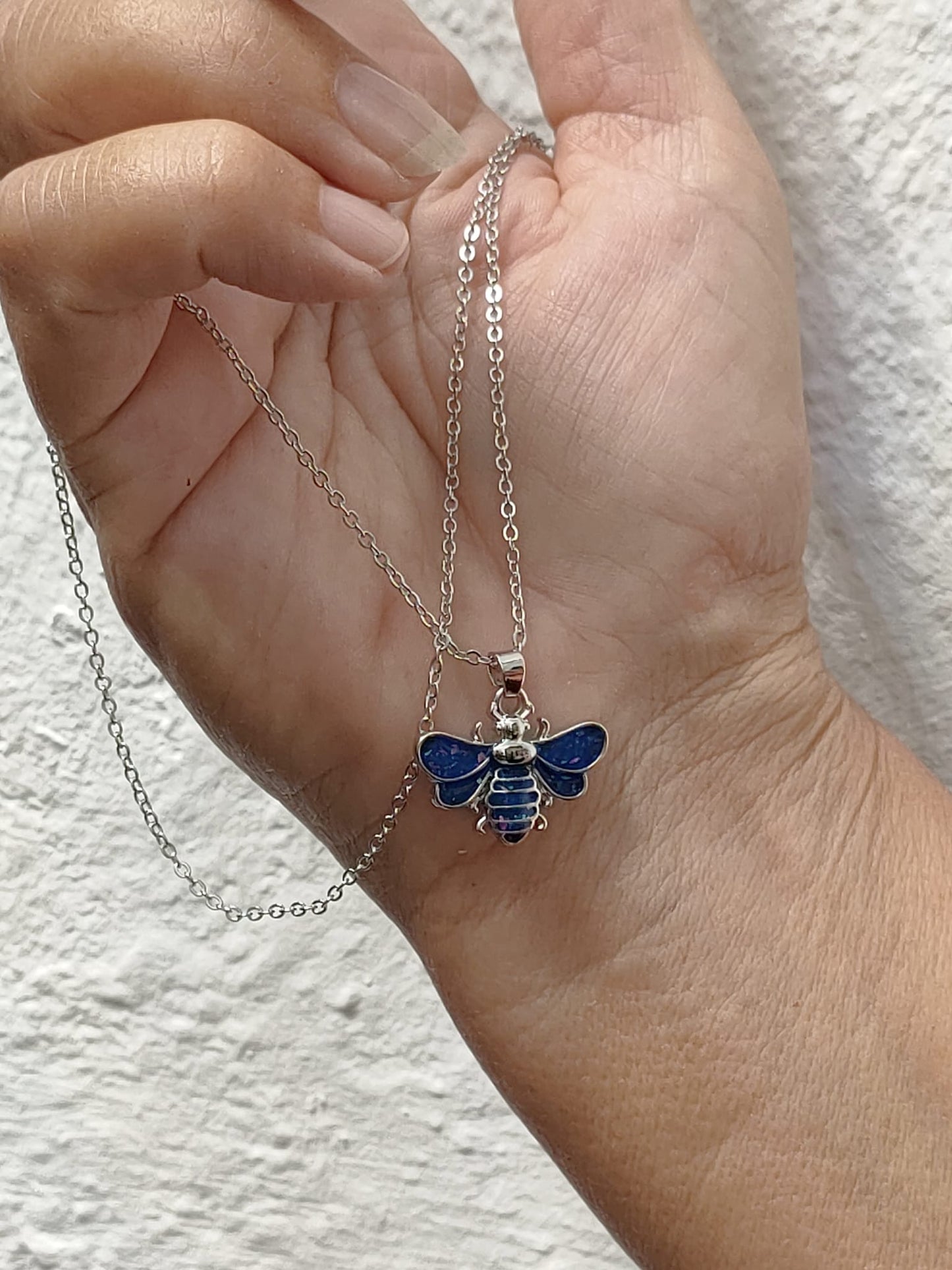 Blue Opal Bee Insect Silver Boho Necklace