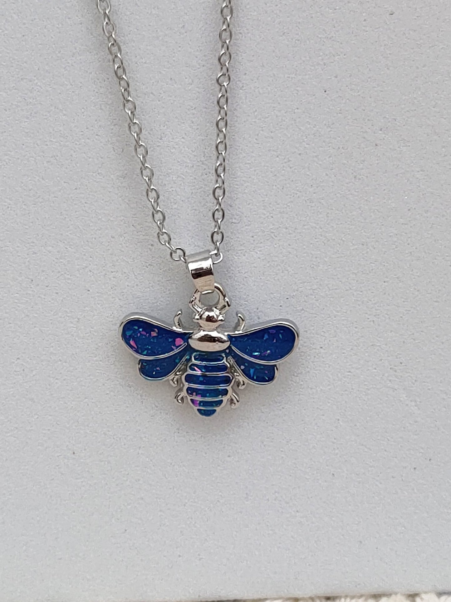Blue Opal Bee Insect Silver Boho Necklace