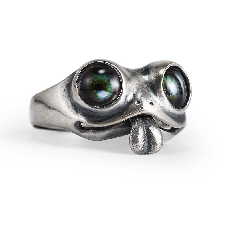 Creative Frog Tongue Green Eyes Open Silver Ring