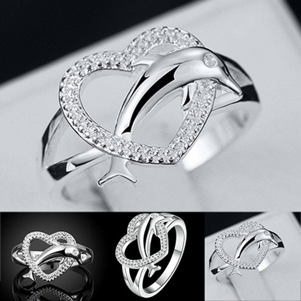925 Sterling Silver Cute Dolphin Hollow Heart Ring