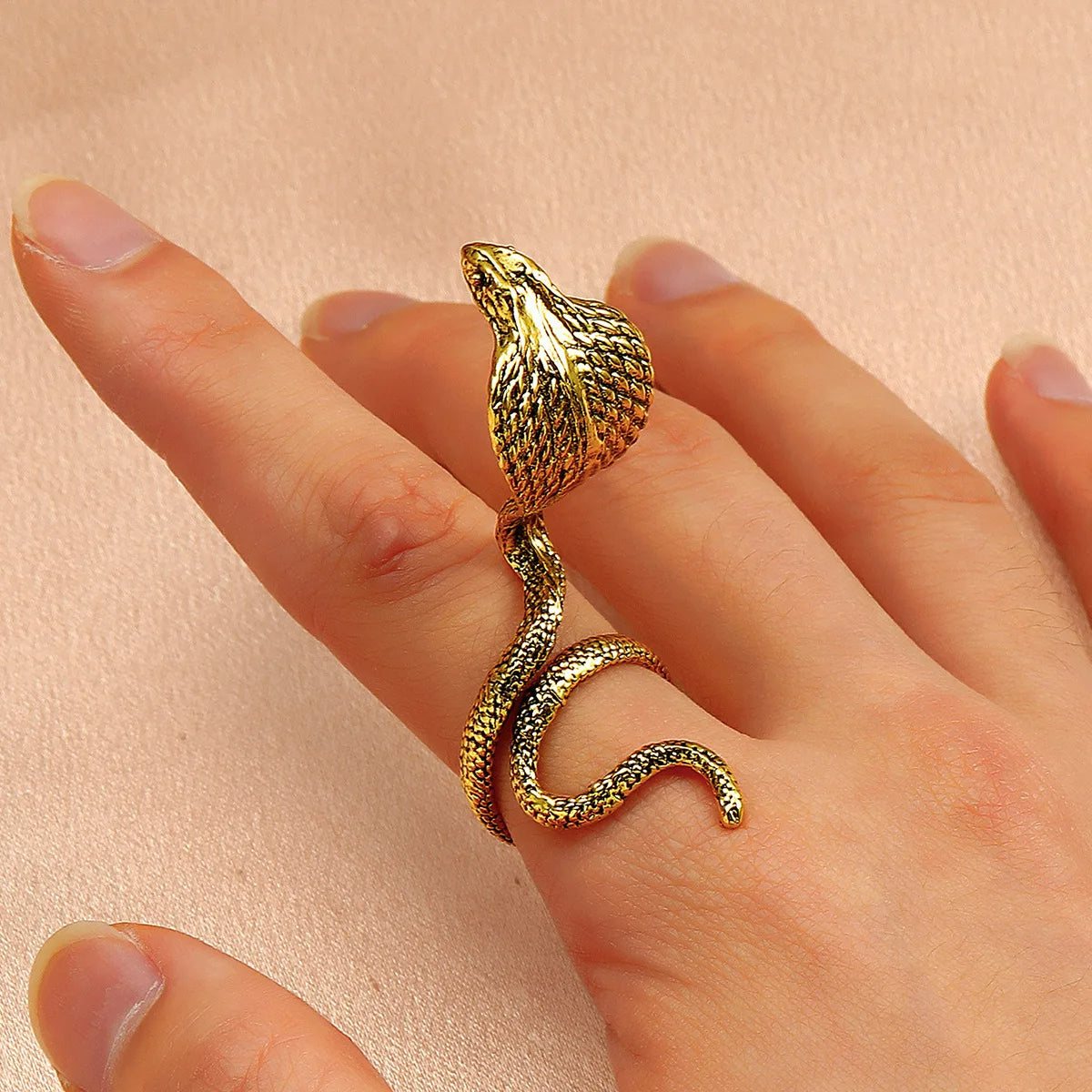 Carved Laby Cobra Snake Open Biker Gold Ring