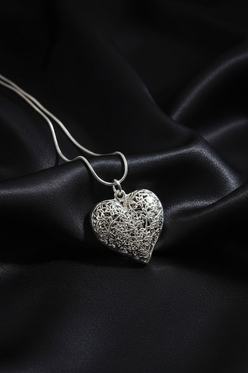 3.5cm Hollow Sterling Silver Floral Hollow Heart Pendant Necklace & Chain