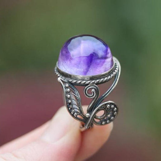 Antique Lady Purple Rhinestone Leaf Vintage Silver Ring