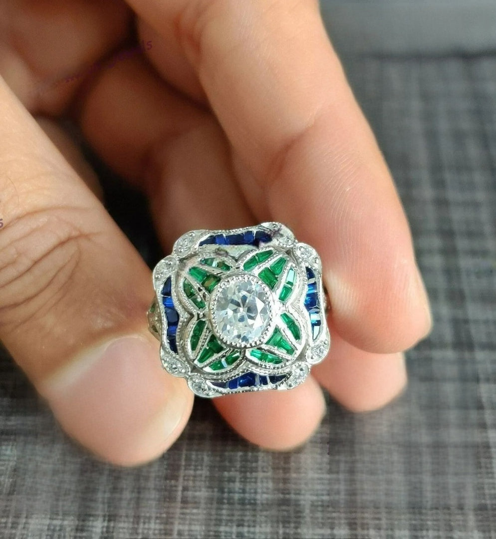 Vintage Emerald Green White Blue Topaz Antique Silver Art Deco Ring