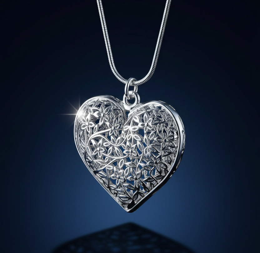 3.5cm Hollow Sterling Silver Floral Hollow Heart Pendant Necklace & Chain