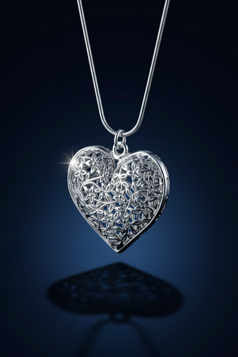 3.5cm Hollow Sterling Silver Floral Hollow Heart Pendant Necklace & Chain