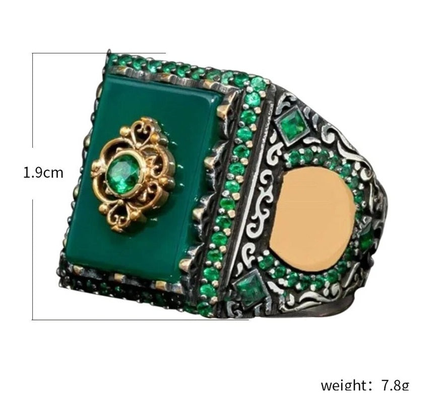 Men's Large Handmade Emerald Green Square Two Tone European Ring