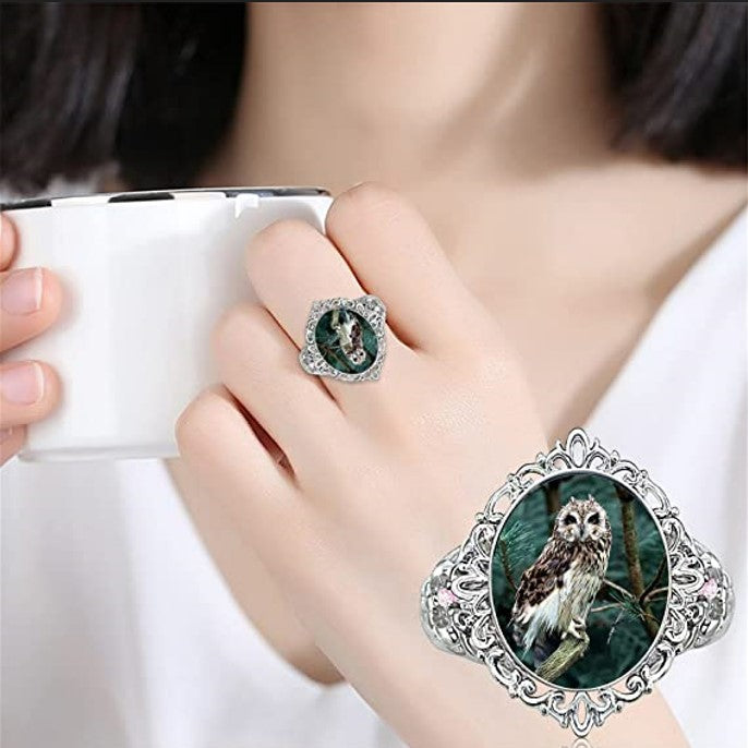 Vintage Oval Cut Enamel Owl Silver Animal Ring