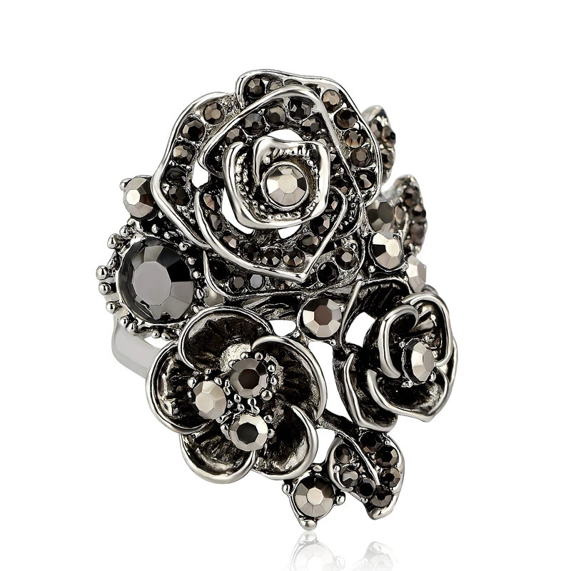 28mm Vintage Black Rose Ethnic Antique Silver Ring