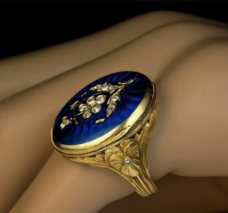 Men's Vintage Blue Enamel Sterling Silver Filled Antique Gold Ring