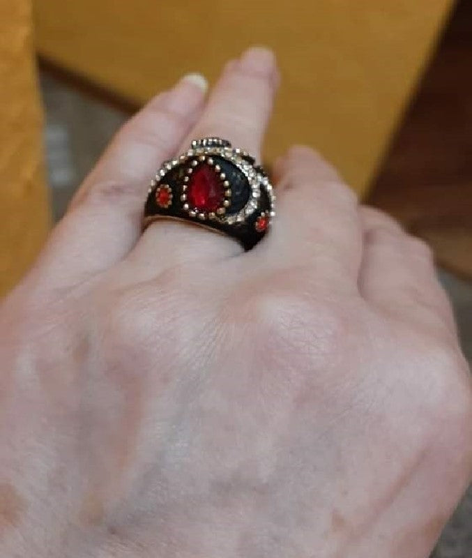 Vintage Ladybug Bohemian Red Topaz Antique Gold Ring