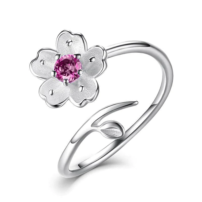 Sterling Silver Pink Flower Open Sakura Ring