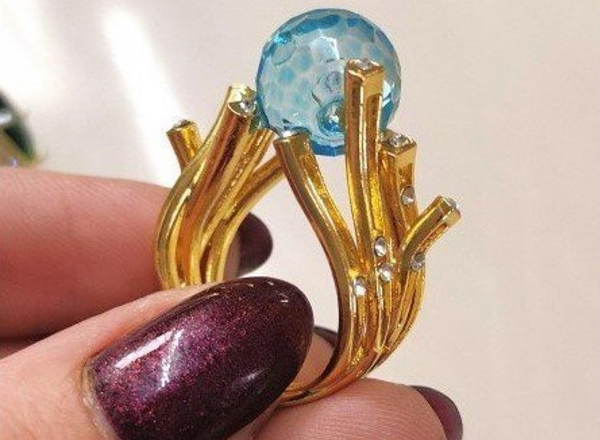 Creative Blue Crystal Ball Cocktail Golden Branch Ring