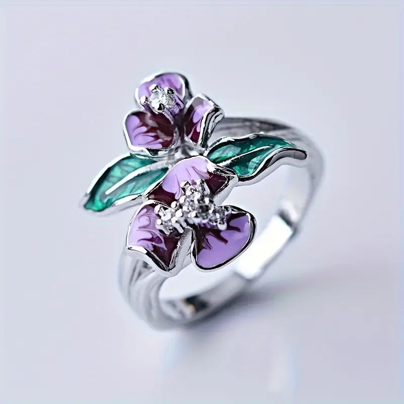 Sterling Silver Purple Plum Lotus Flower Leaves Enamel Ring