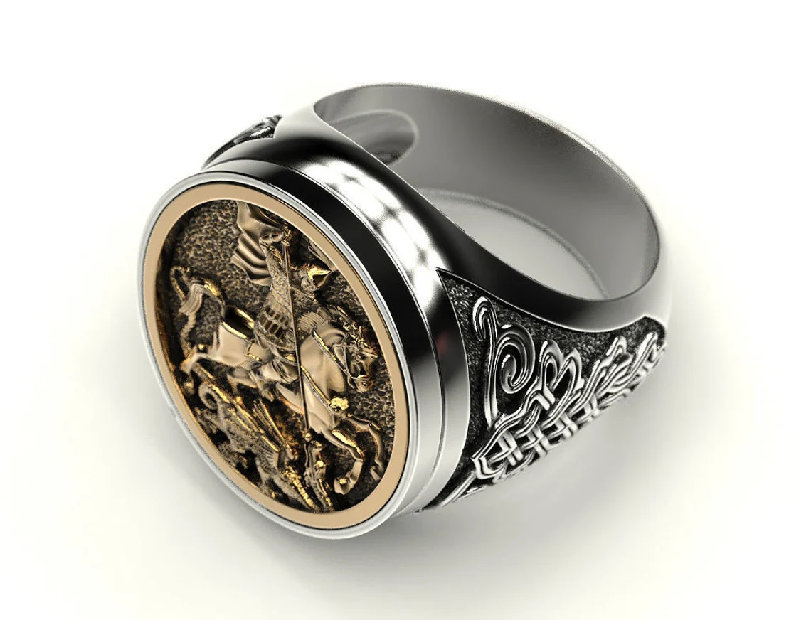 Men's 925 Sterling Silver Rome Soldier Horse Two Tone Ring