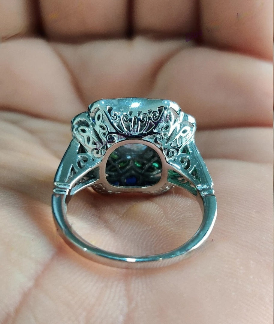 Vintage Emerald Green White Blue Topaz Antique Silver Art Deco Ring
