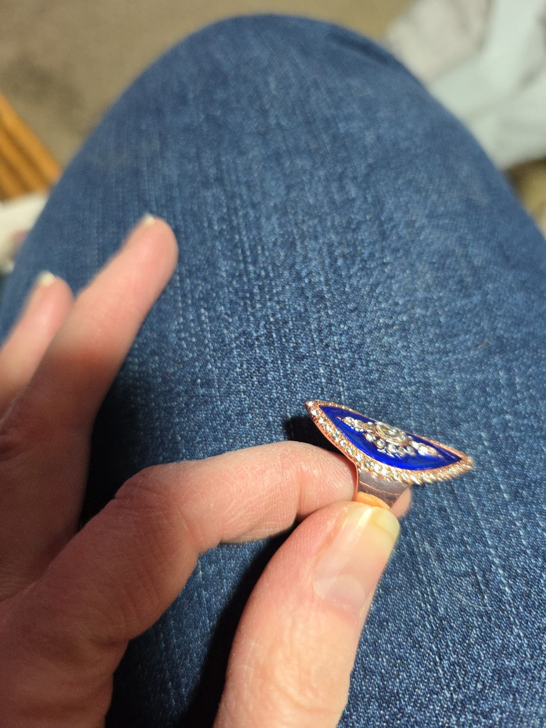 925 Sterling Silver Blue Enamel Art Deco Ring