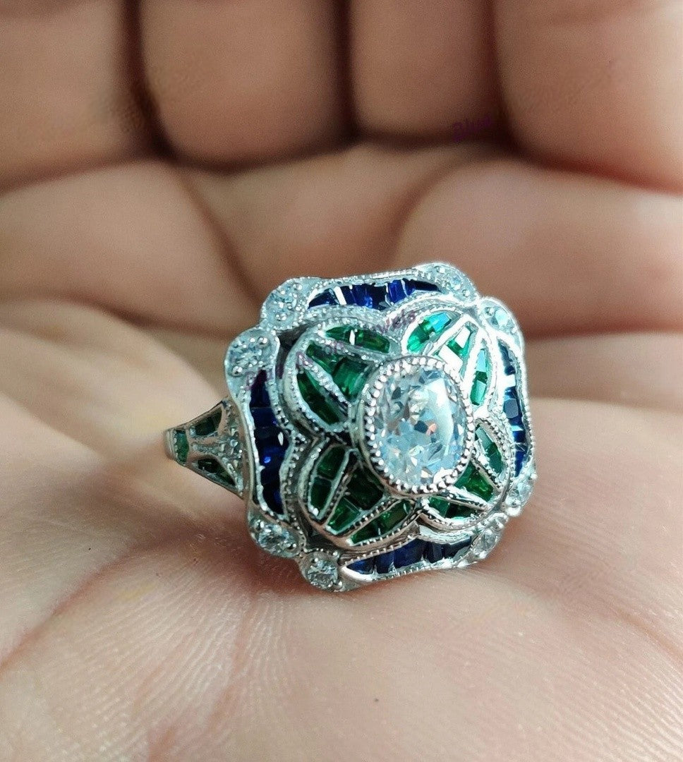 Vintage Emerald Green White Blue Topaz Antique Silver Art Deco Ring