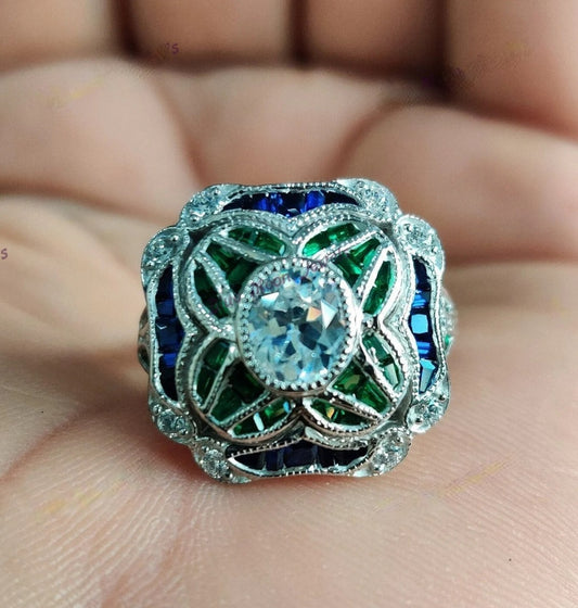 Vintage Emerald Green White Blue Topaz Antique Silver Art Deco Ring