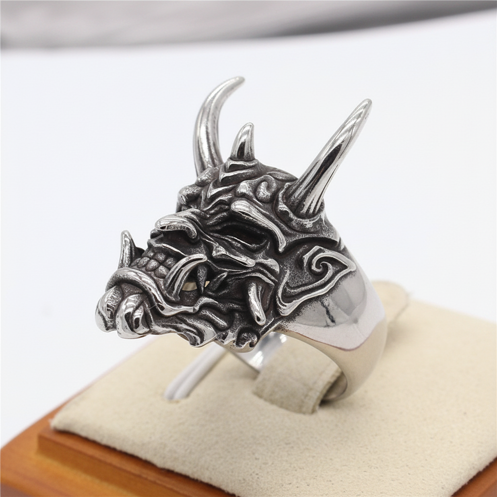 Men's Vintage Gothic Skull Prajna Mask Open Silver Ring