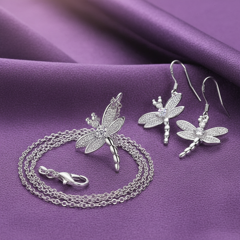 Dragonfly Pendant Necklace & Sterling Silver Earring Set