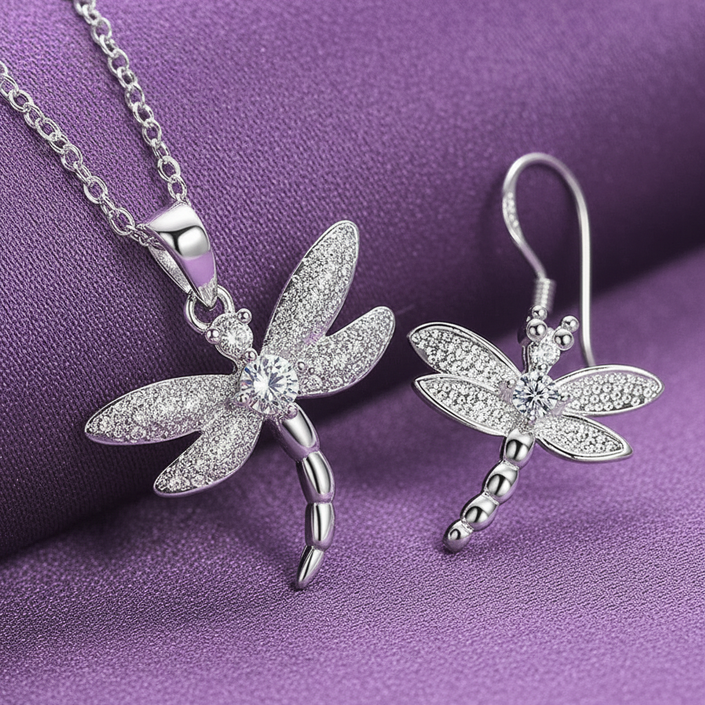 Dragonfly Pendant Necklace & Sterling Silver Earring Set