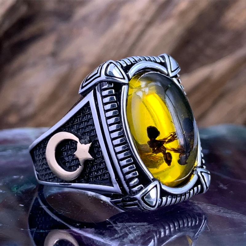 Men's Vintage Natural Agate Yellow Amber Ant Moon Silver Ring