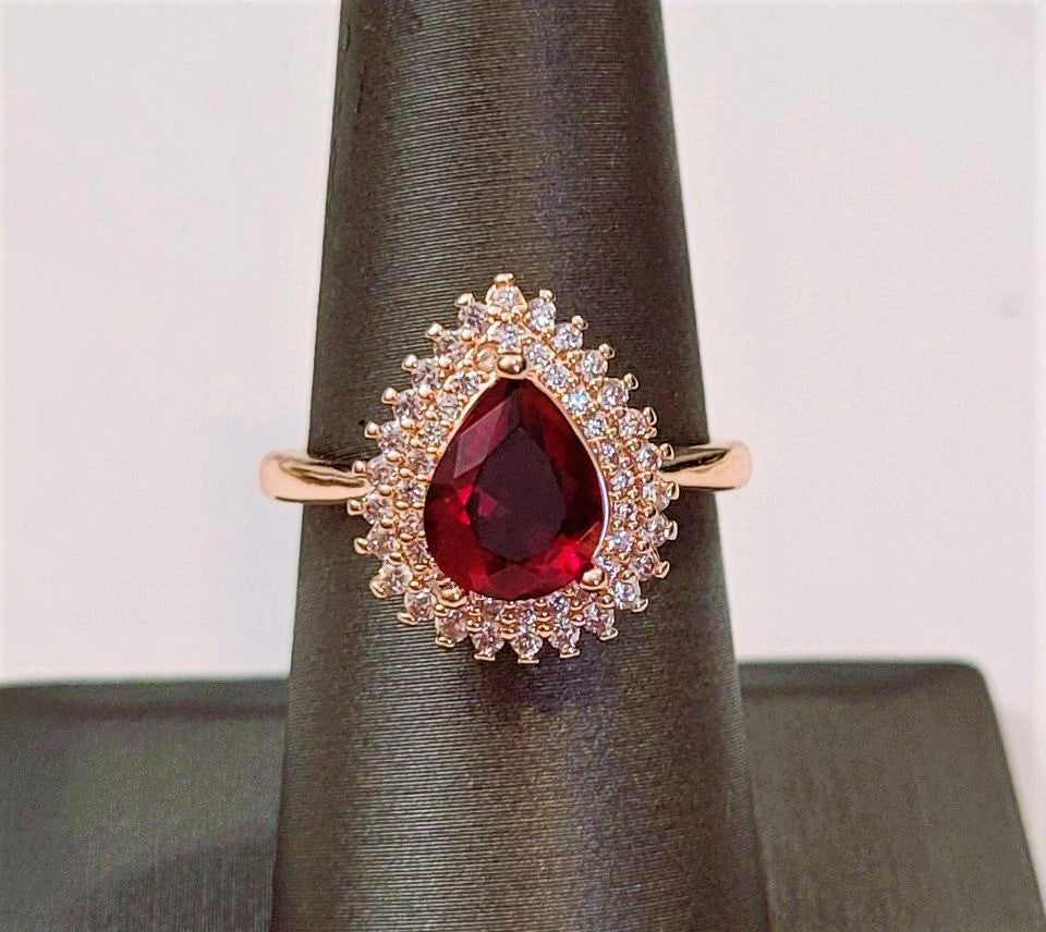 Sterling Silver Ruby Red Teardrop Rose Gold Plated Ring