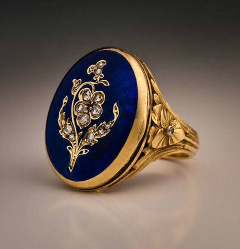 Men's Vintage Blue Enamel Sterling Silver Filled Antique Gold Ring
