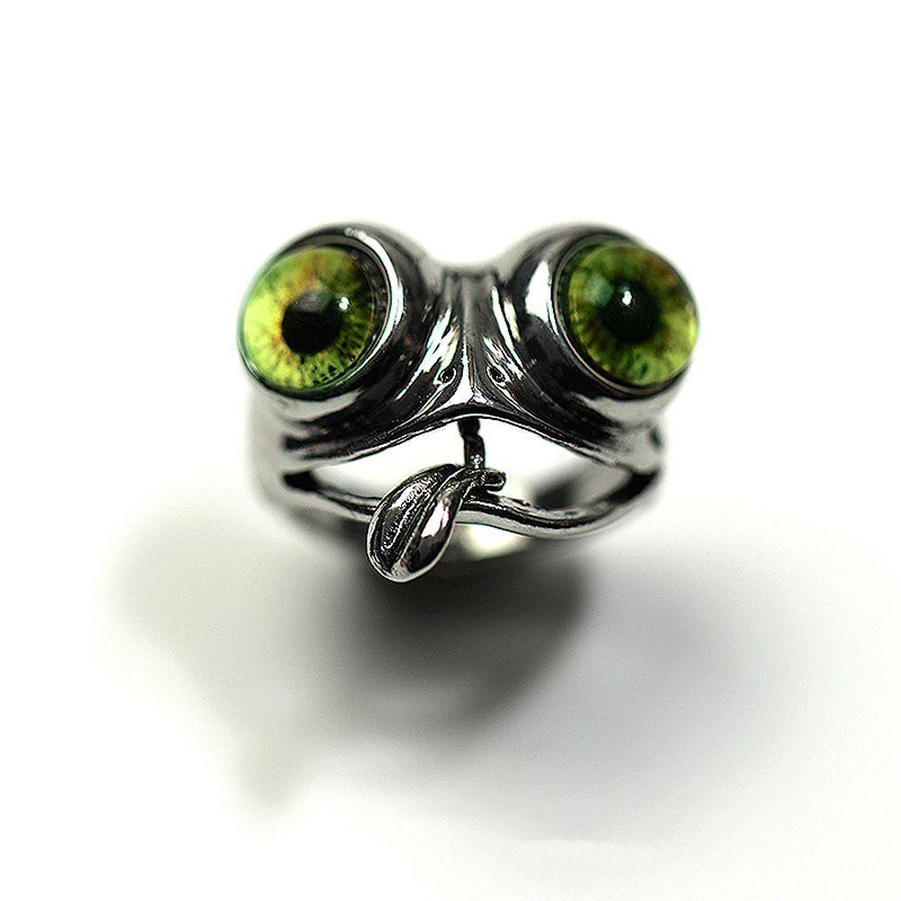Creative Frog Tongue Green Eyes Open Silver Ring