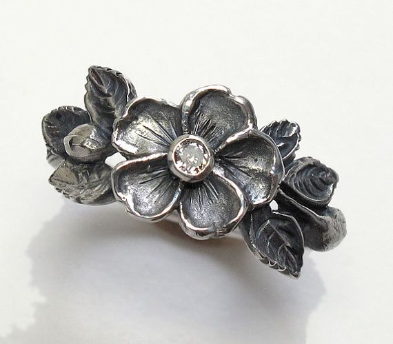 Vintage Rose Flower Leaf Retro Silver Ring